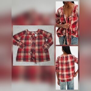 Free People We The Free Big Bow Plaid Pullover Red Combo